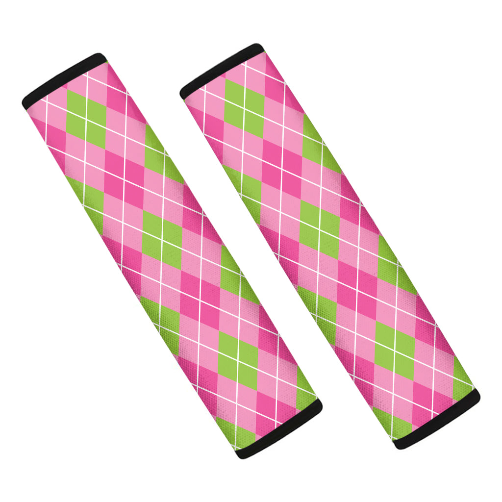 Pink And Green Argyle Pattern Print Car Seat Belt Covers