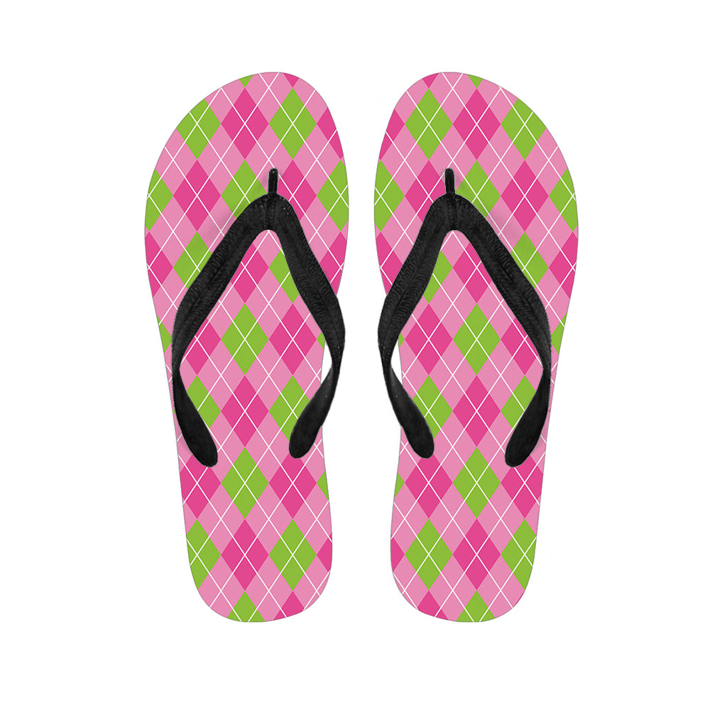 Pink And Green Argyle Pattern Print Flip Flops