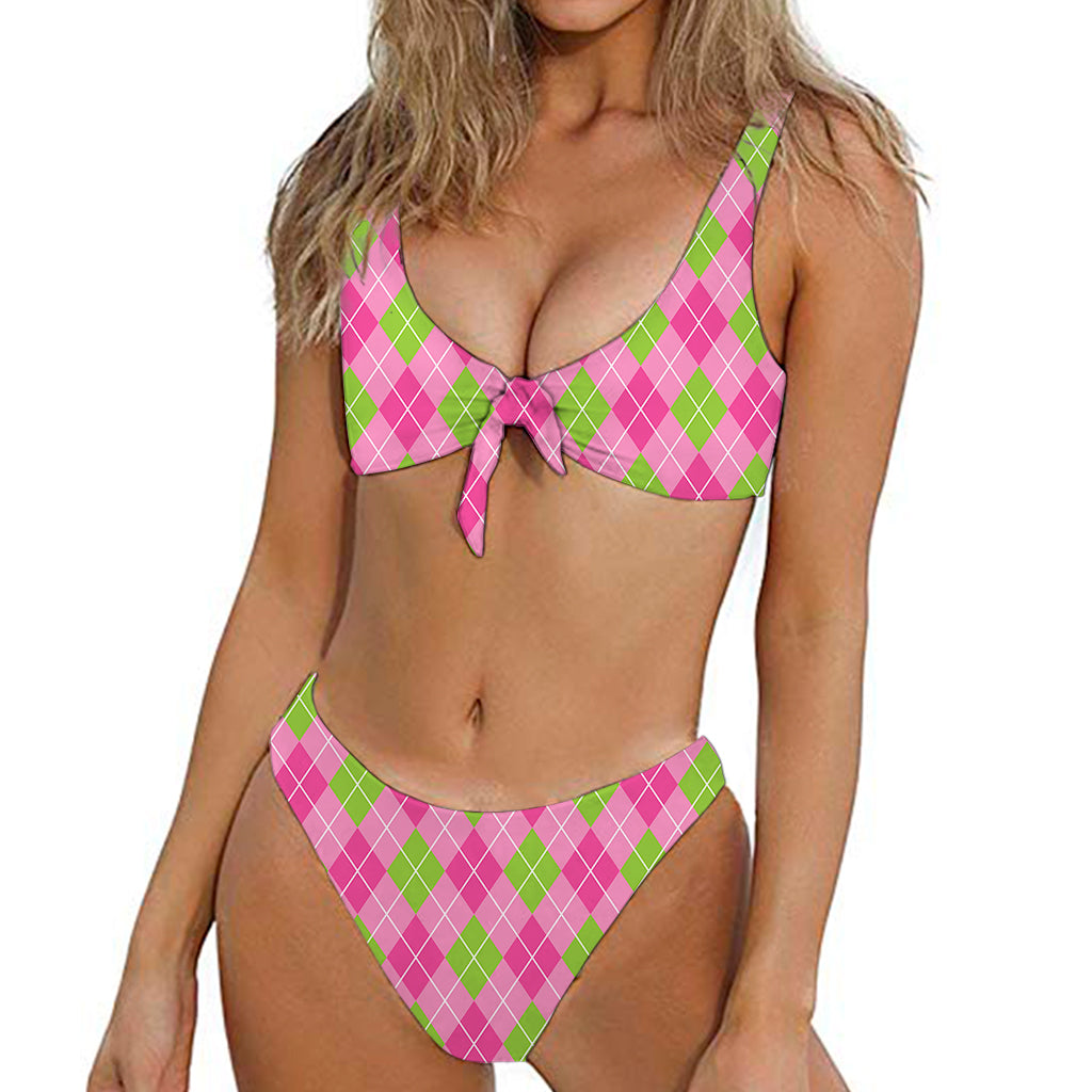 Pink And Green Argyle Pattern Print Front Bow Tie Bikini