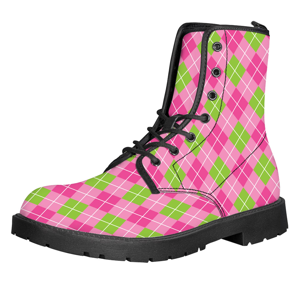 Pink And Green Argyle Pattern Print Leather Boots