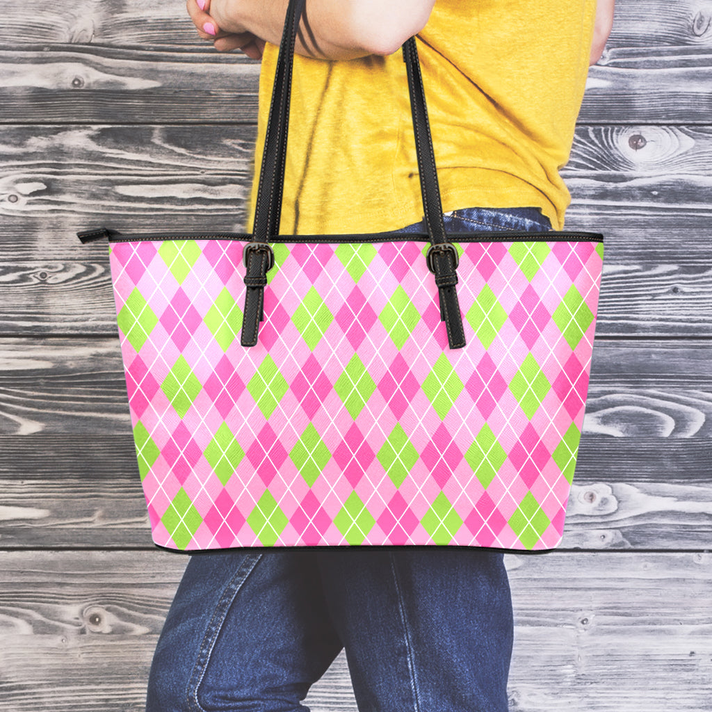 Pink And Green Argyle Pattern Print Leather Tote Bag