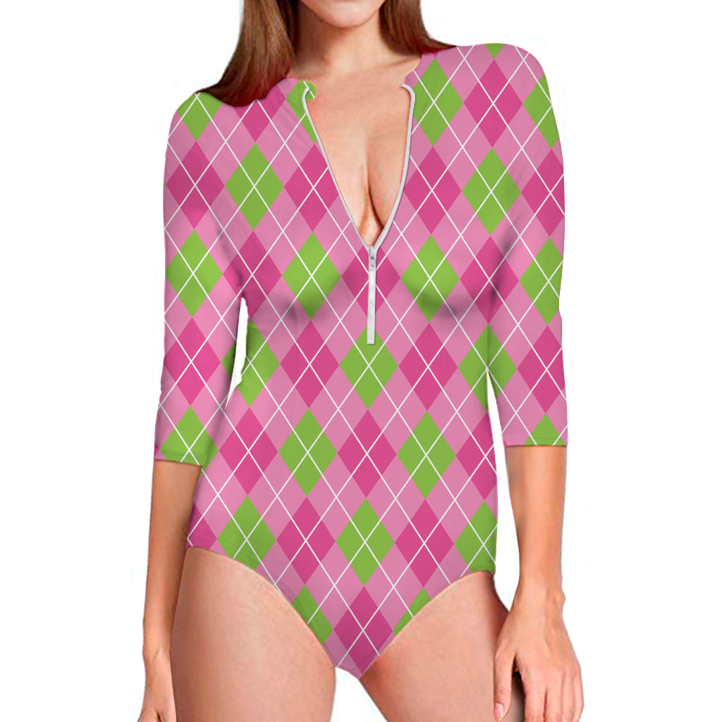 Pink And Green Argyle Pattern Print Long Sleeve One Piece Swimsuit