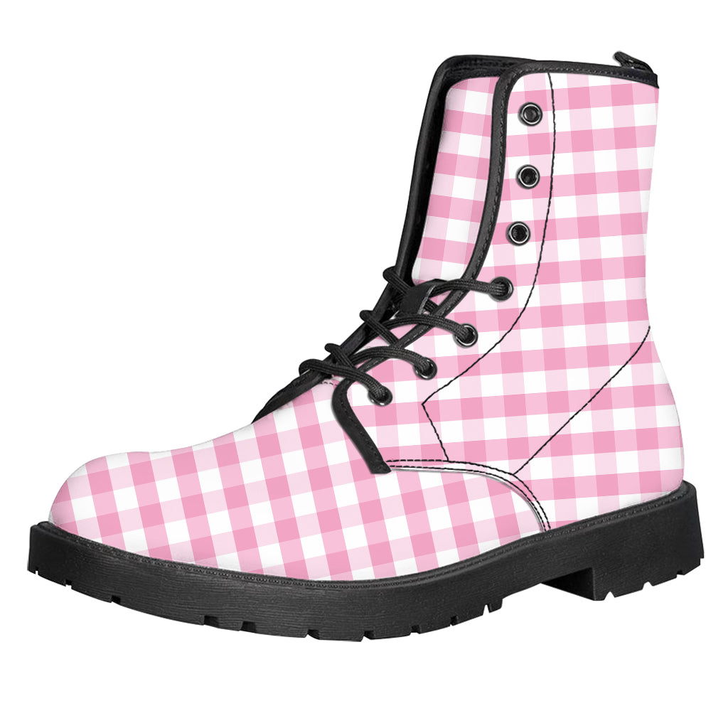 Pink And White Gingham Pattern Print Leather Boots