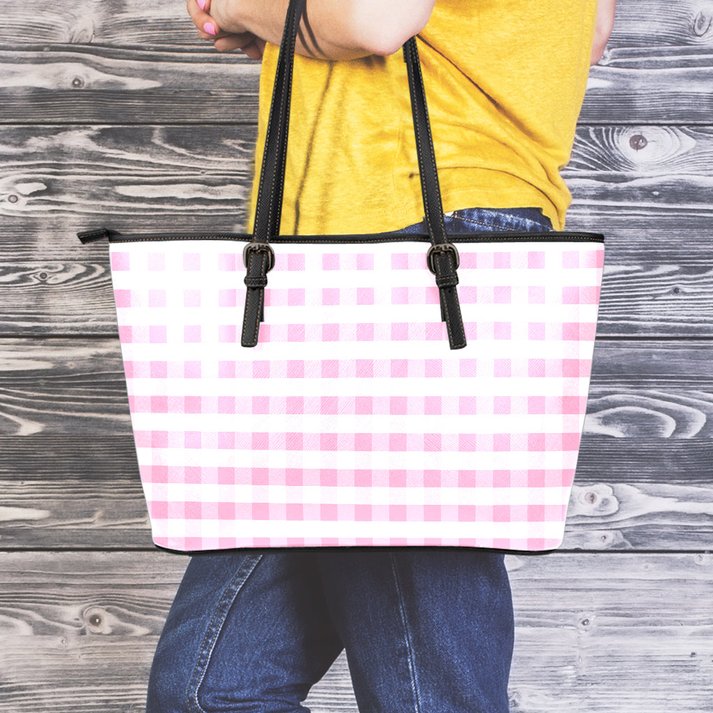 Pink And White Gingham Pattern Print Leather Tote Bag