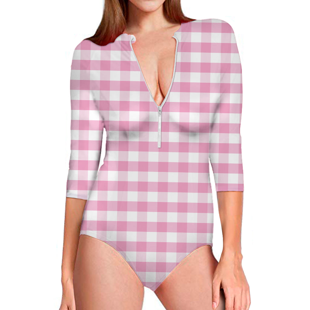 Pink And White Gingham Pattern Print Long Sleeve One Piece Swimsuit