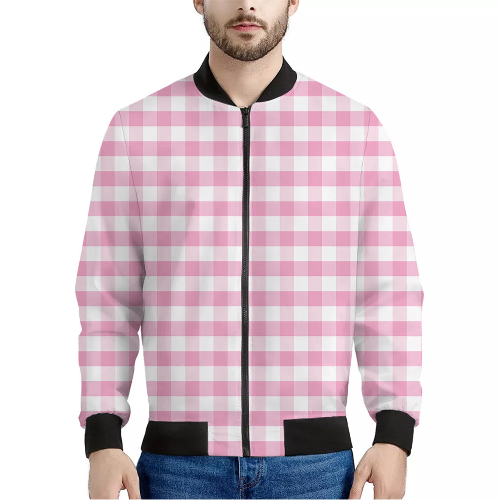 Pink And White Gingham Pattern Print Men's Bomber Jacket