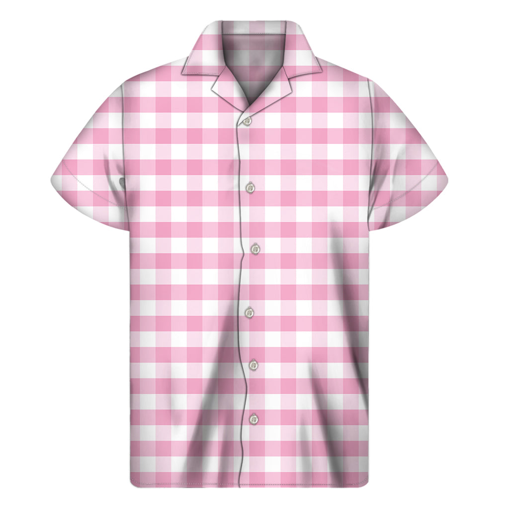 Pink And White Gingham Pattern Print Men's Short Sleeve Shirt