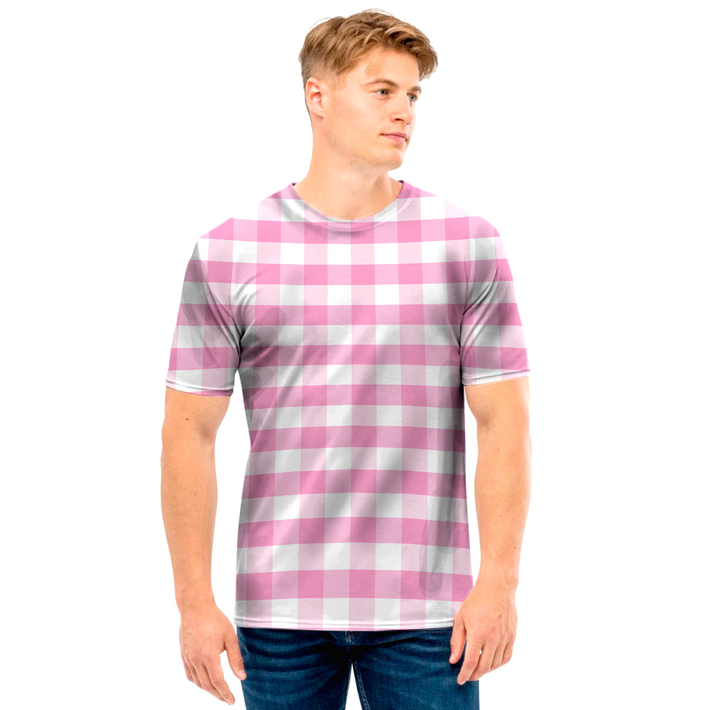 Pink And White Gingham Pattern Print Men's T-Shirt