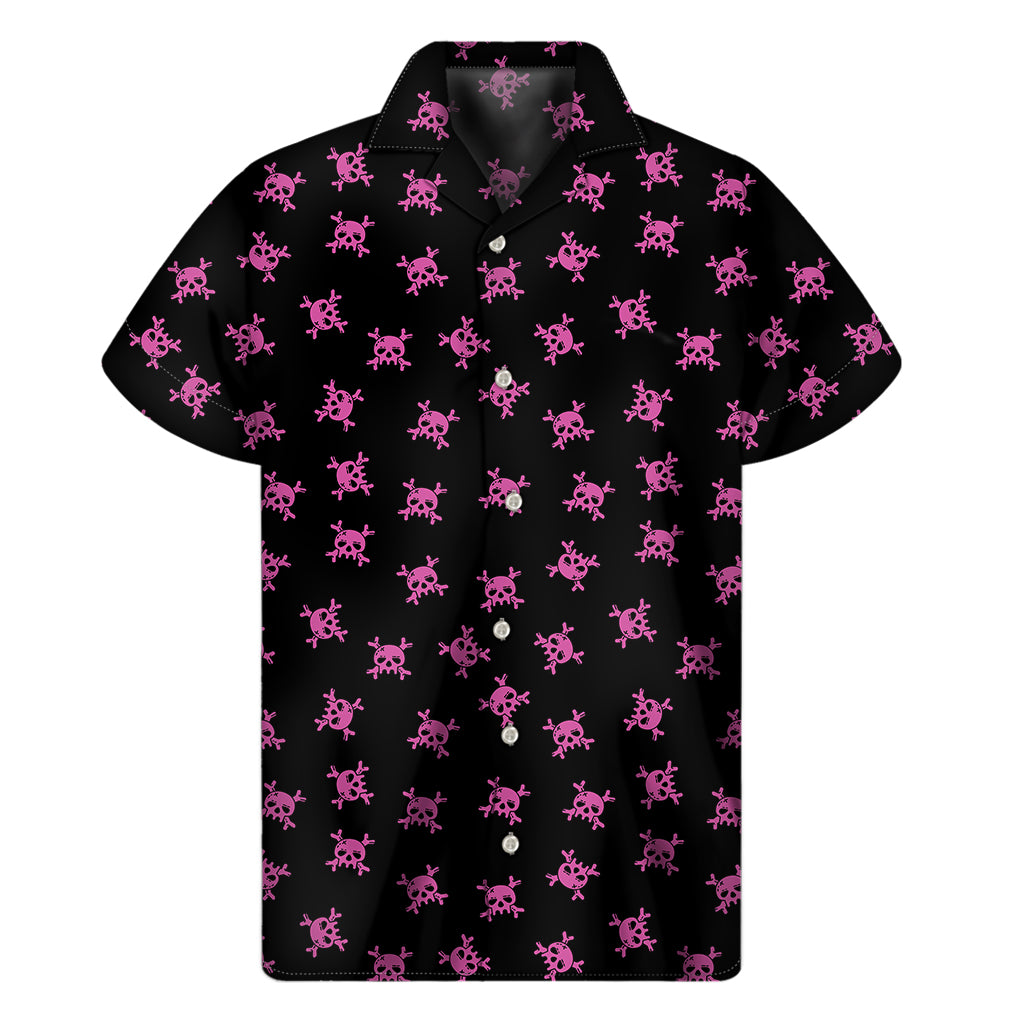 Pink Emo Skull Pattern Print Men's Short Sleeve Shirt