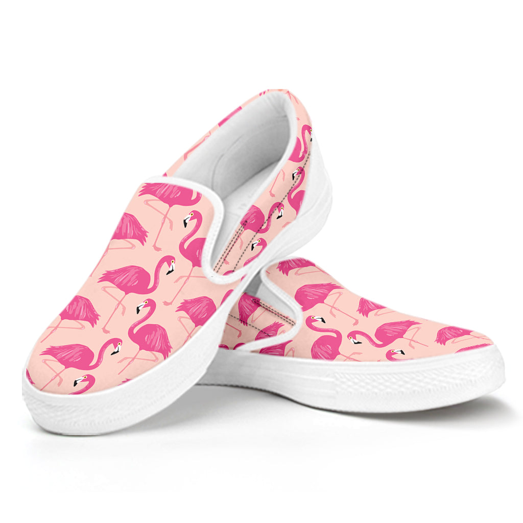 Pink Flamingo Pattern Print White Slip On Shoes