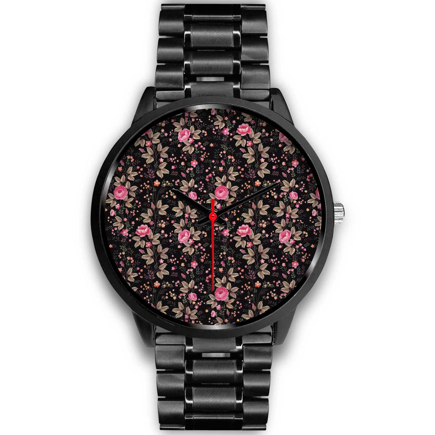 Pink Floral Flower Pattern Print Black Watch