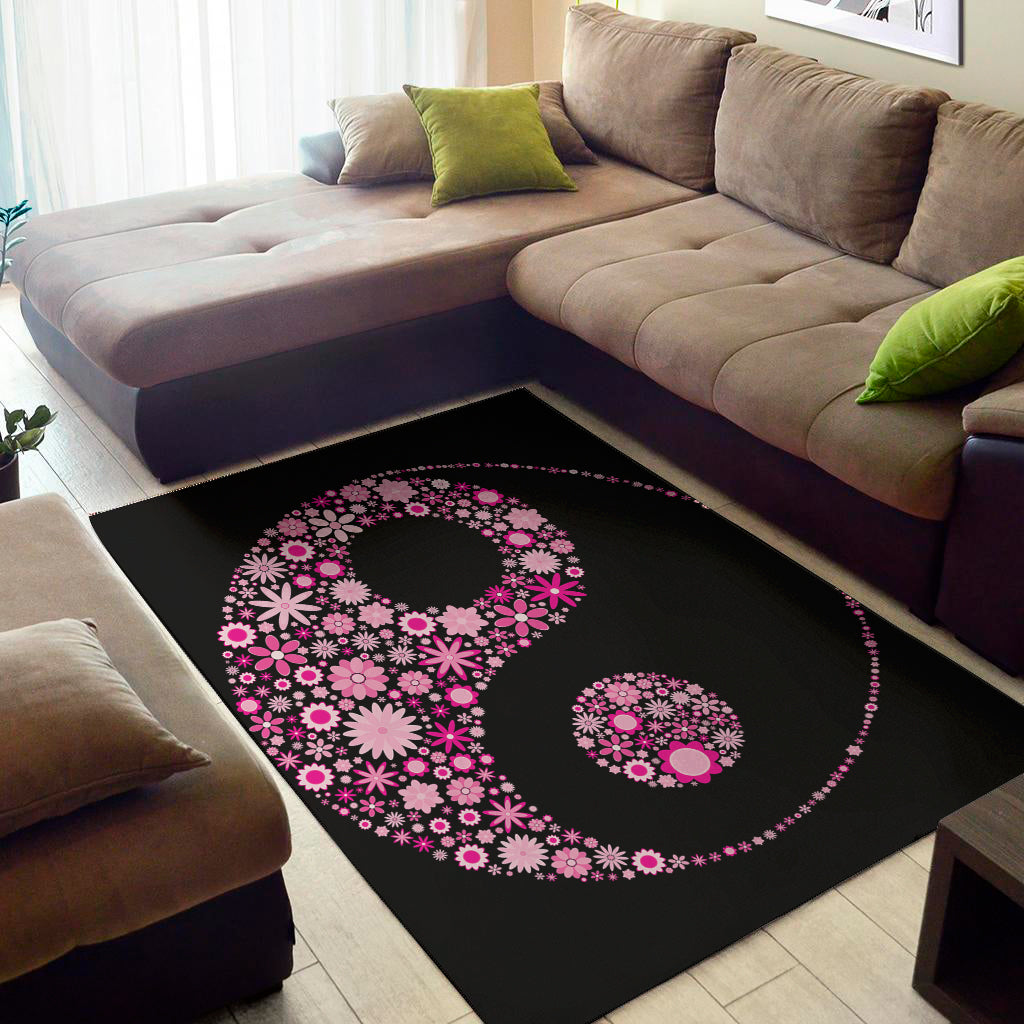 Pink Flowers Yin Yang Print Area Rug