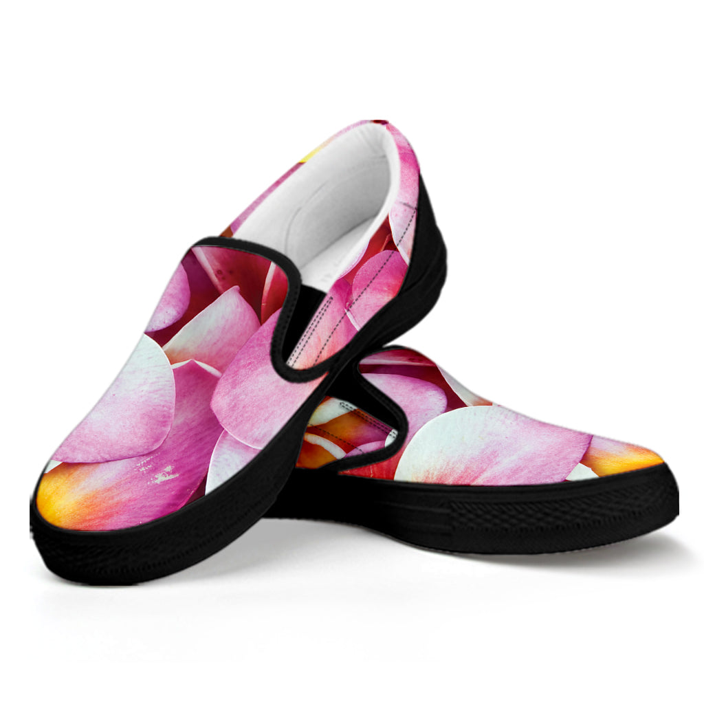 Pink Frangipani Flower Print Black Slip On Shoes