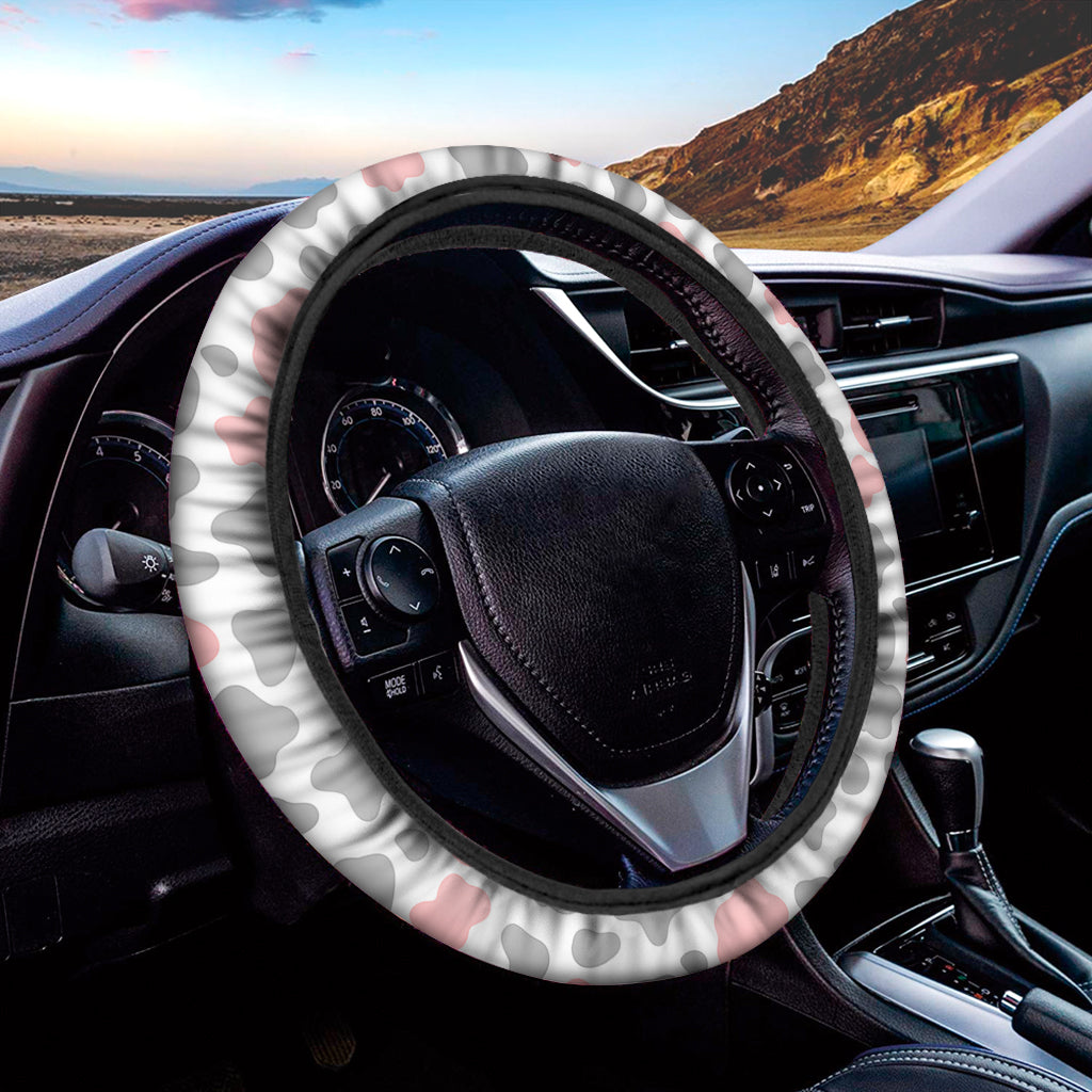 Pink Grey And White Cow Print Car Steering Wheel Cover