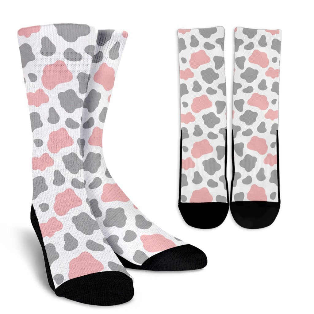 Pink Grey And White Cow Print Crew Socks