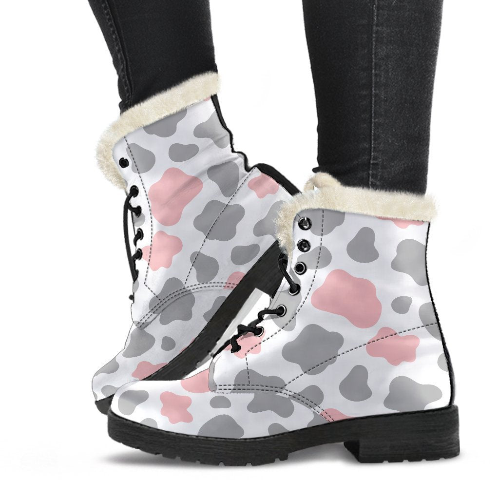 Pink Grey And White Cow Print Faux Fur Leather Boots