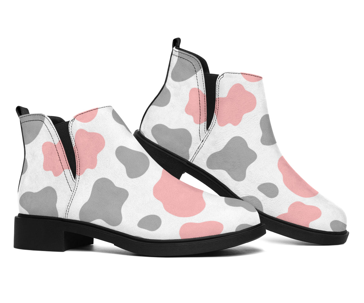 Pink Grey And White Cow Print Flat Ankle Boots