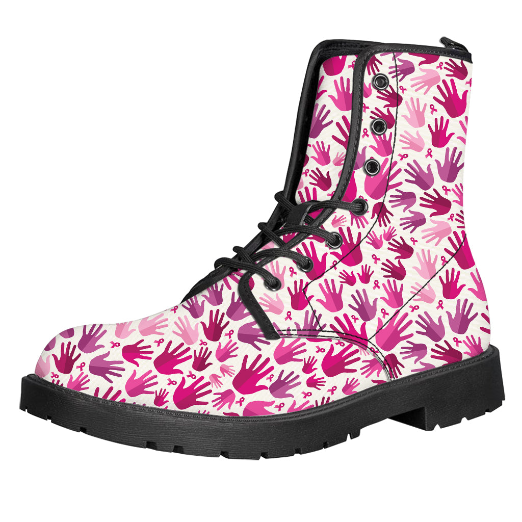 Pink Hand Breast Cancer Pattern Print Leather Boots
