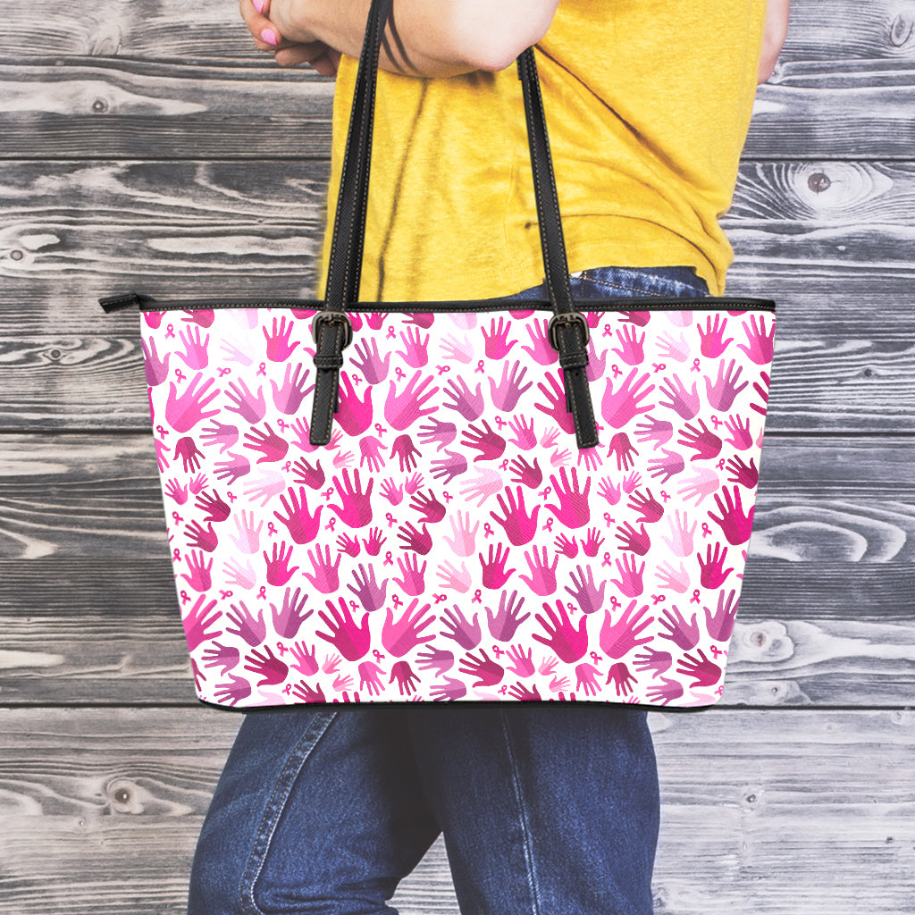 Pink Hand Breast Cancer Pattern Print Leather Tote Bag