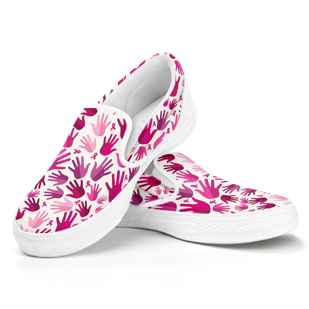 Pink Hand Breast Cancer Pattern Print White Slip On Shoes