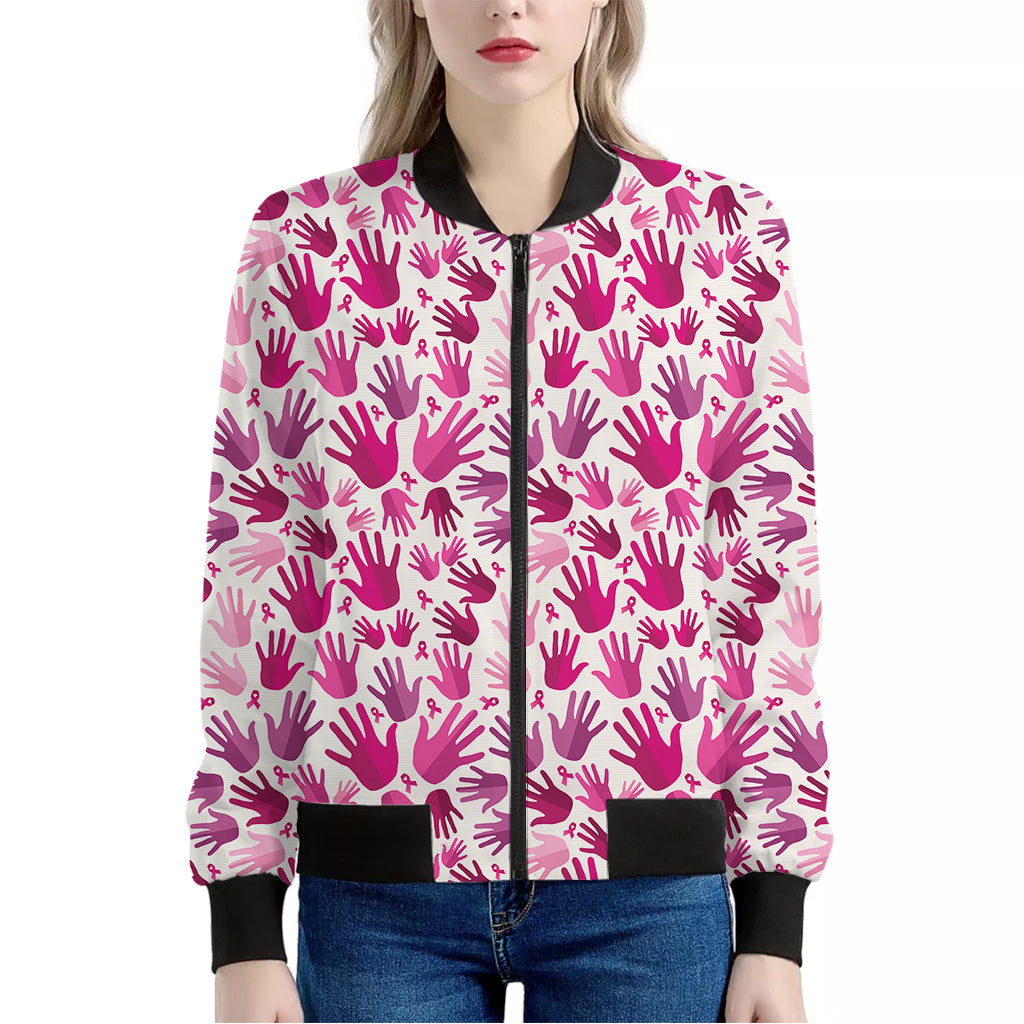 Pink Hand Breast Cancer Pattern Print Women's Bomber Jacket