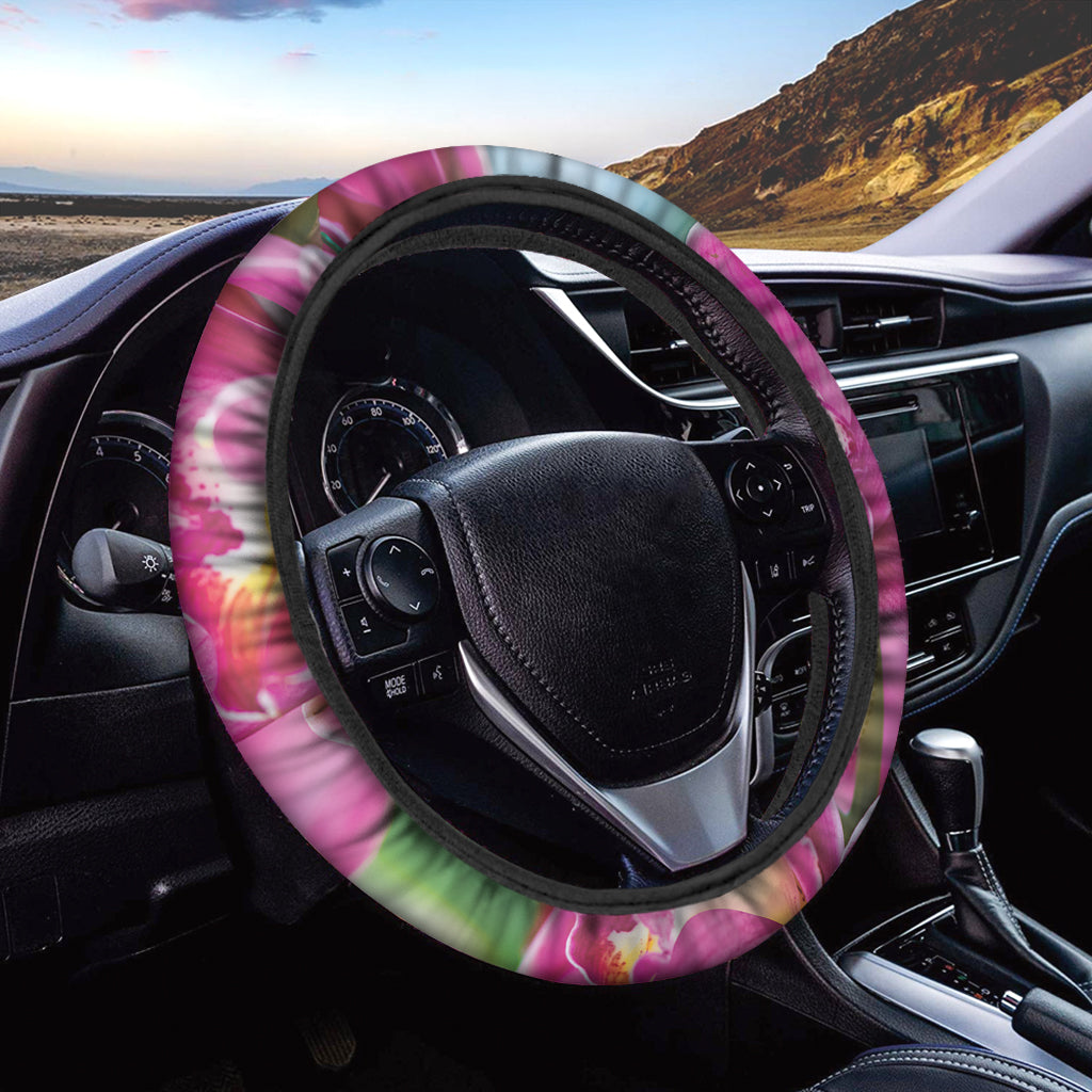 Pink Orchid Flower Print Car Steering Wheel Cover