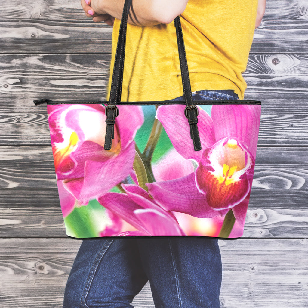 Pink Orchid Flower Print Leather Tote Bag
