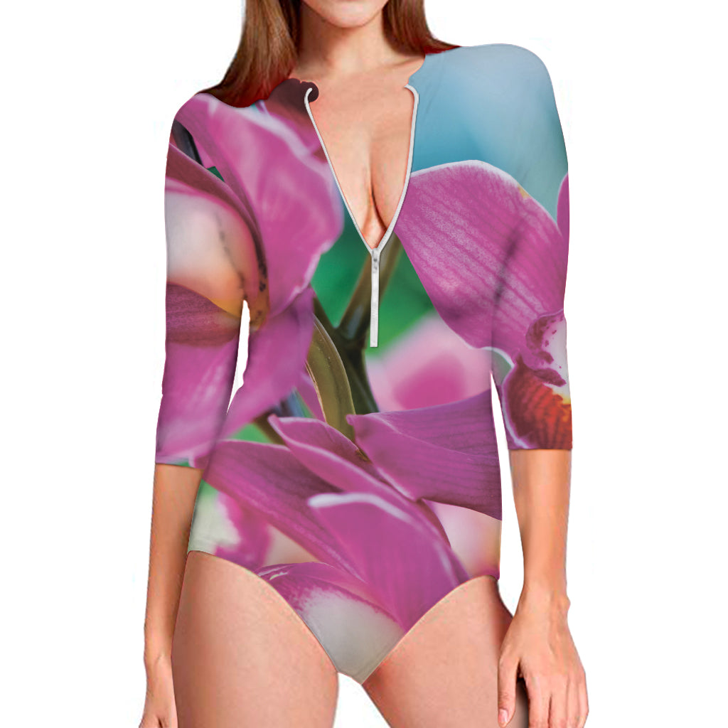 Pink Orchid Flower Print Long Sleeve One Piece Swimsuit