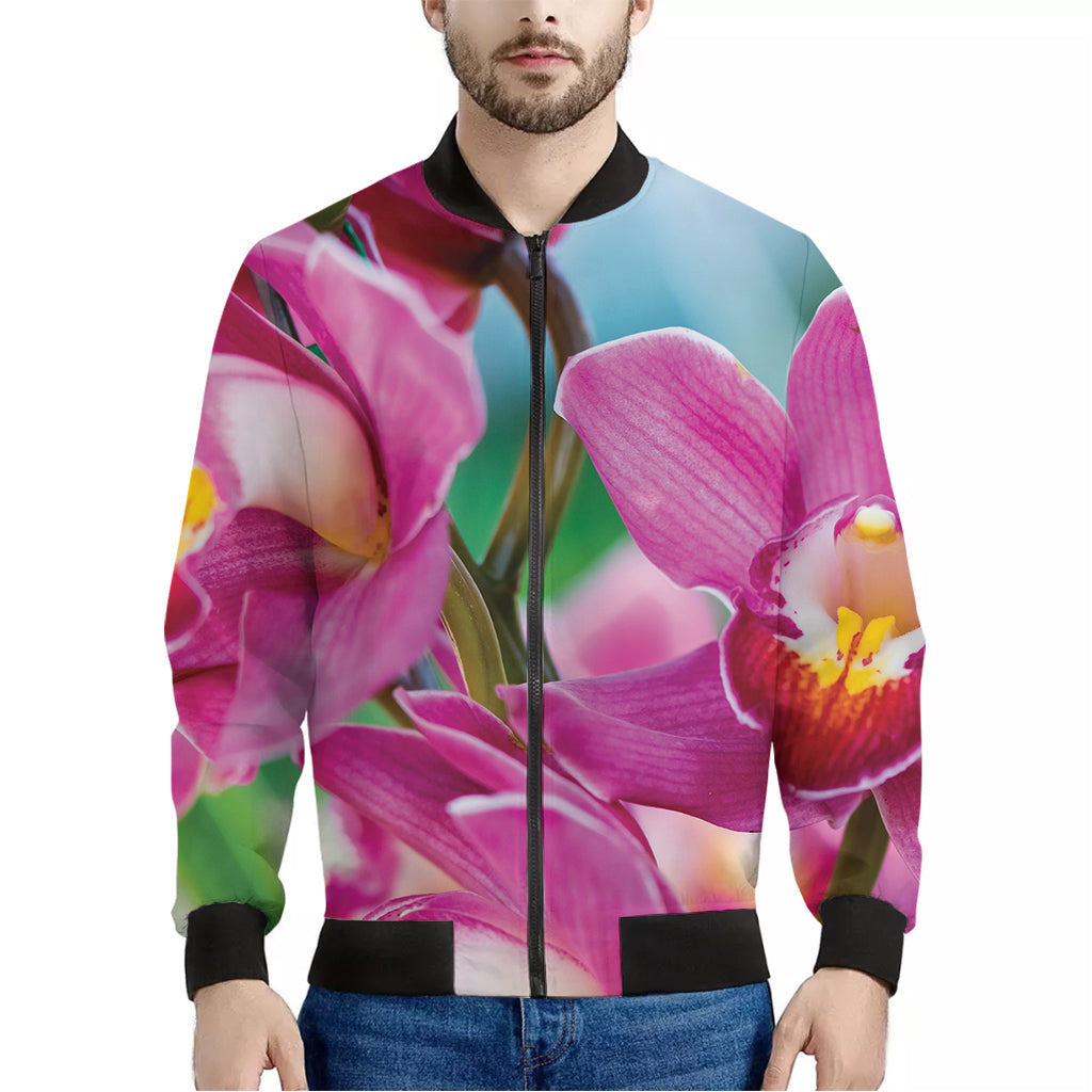 Pink Orchid Flower Print Men's Bomber Jacket