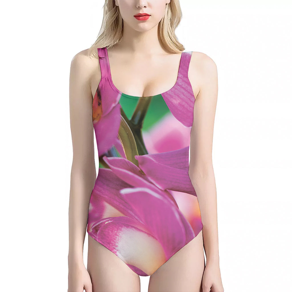 Pink Orchid Flower Print One Piece Halter Neck Swimsuit