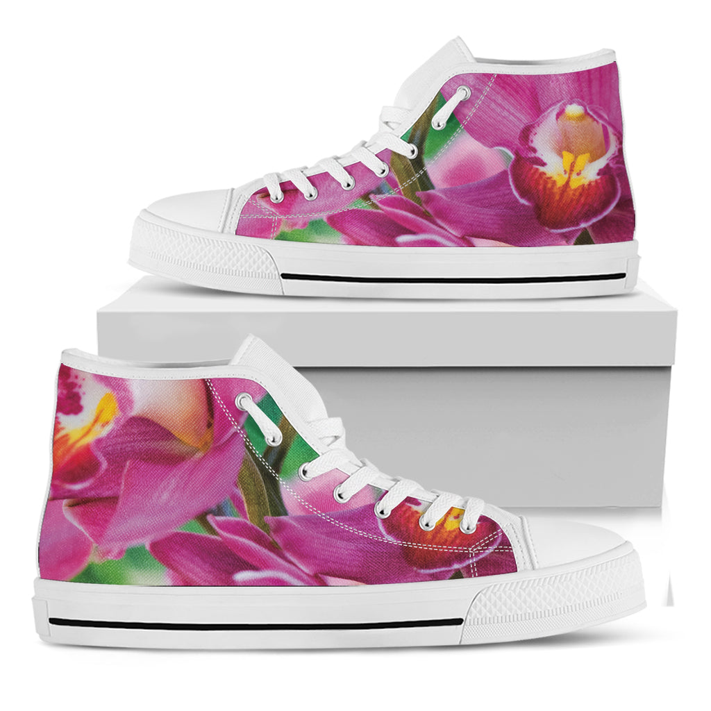 Pink Orchid Flower Print White High Top Shoes
