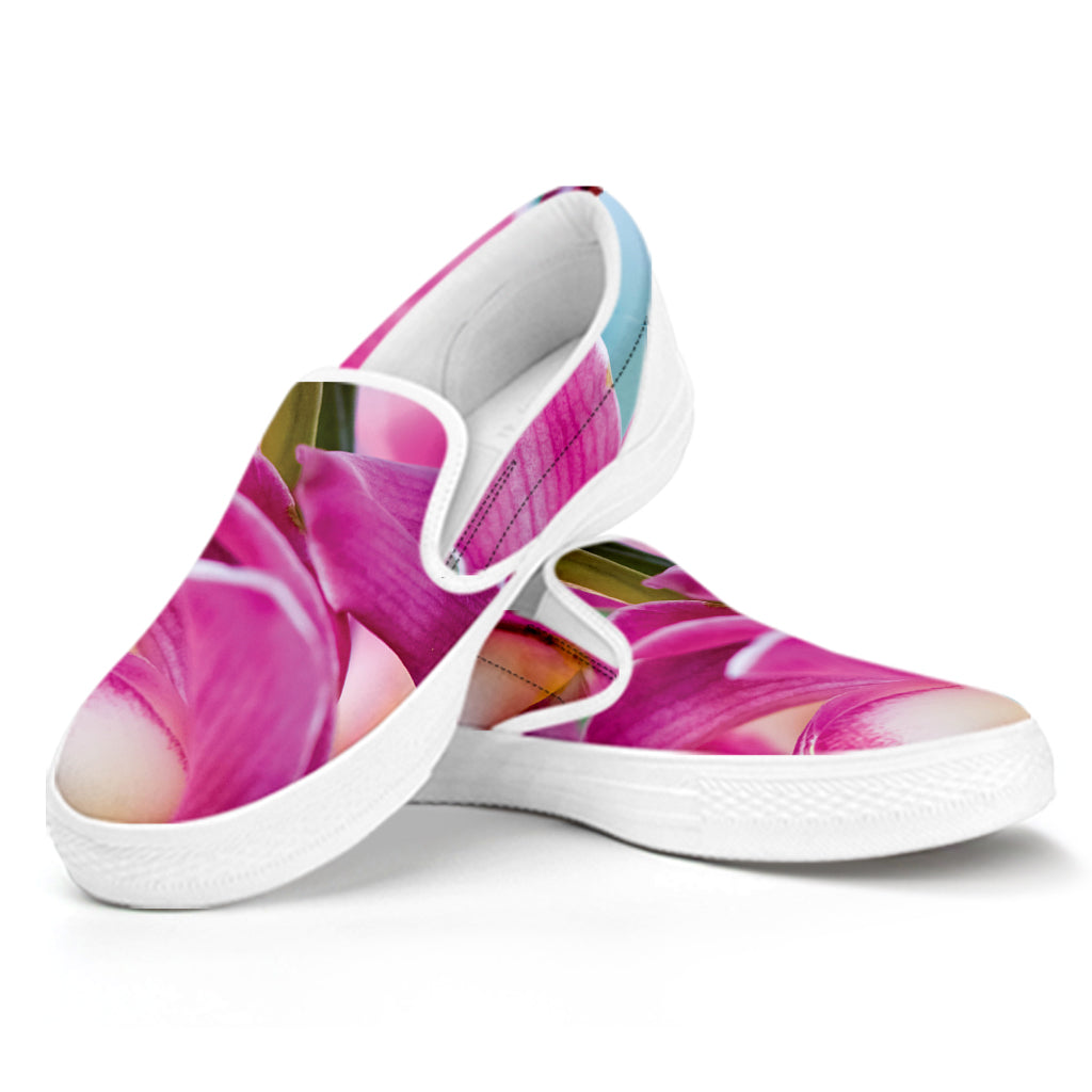 Pink Orchid Flower Print White Slip On Shoes