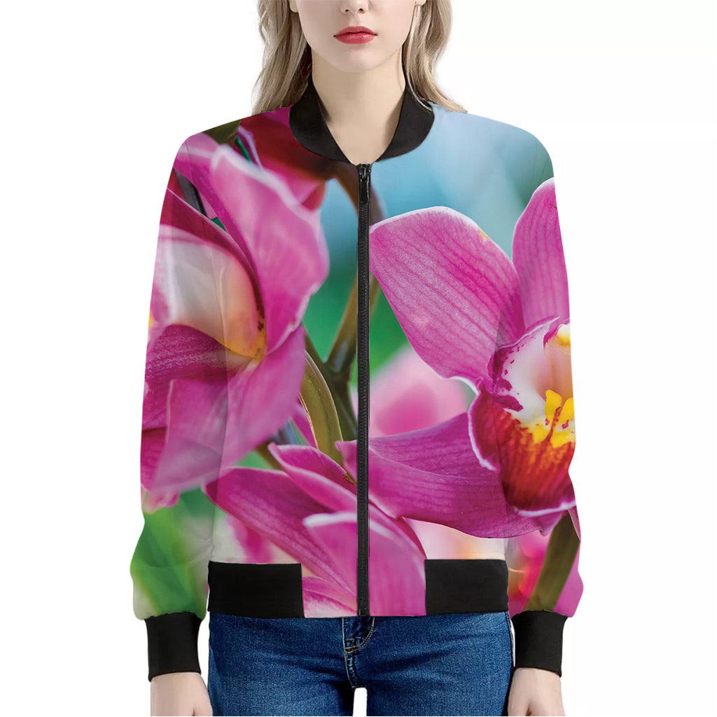 Pink Orchid Flower Print Women's Bomber Jacket