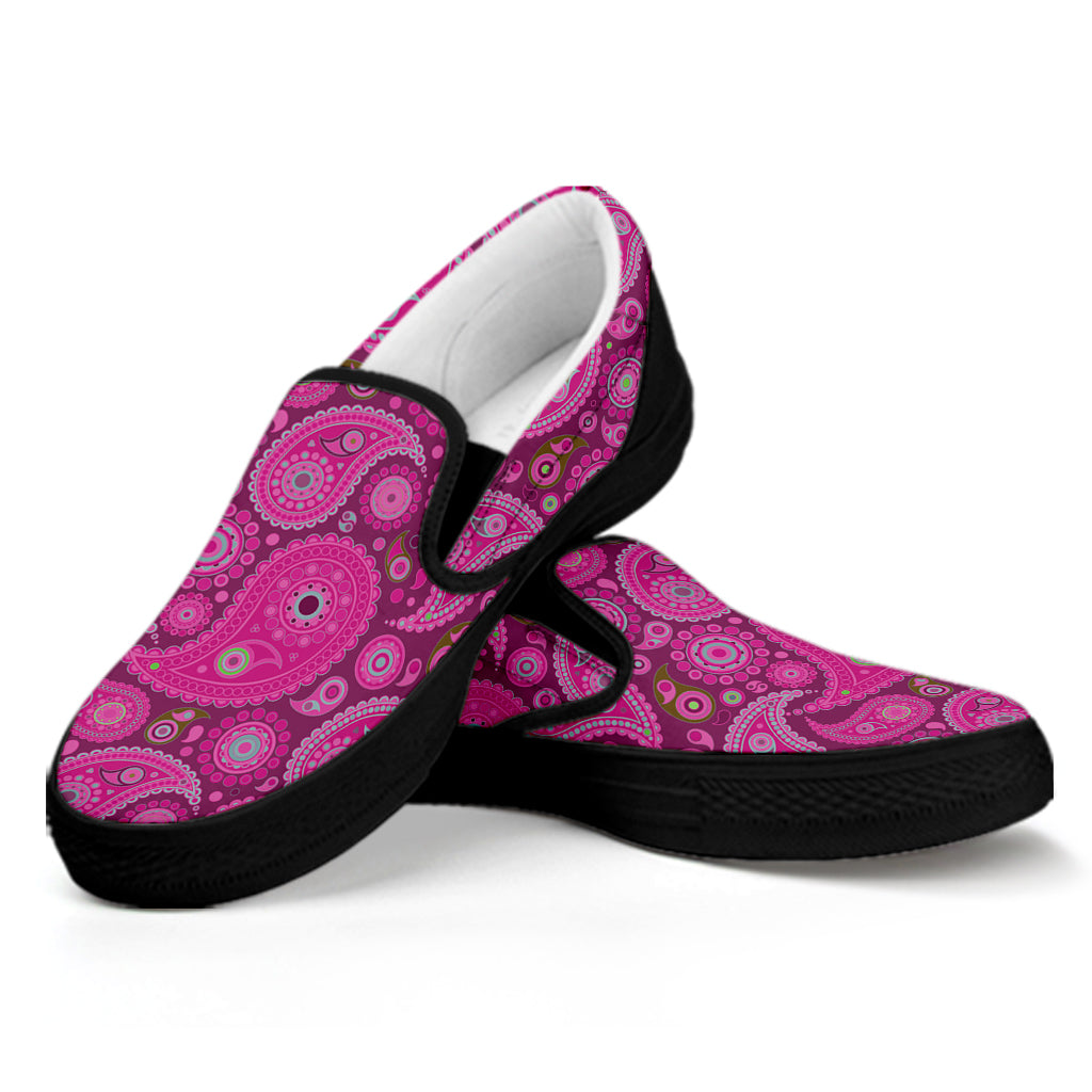 Pink Paisley Pattern Print Black Slip On Shoes