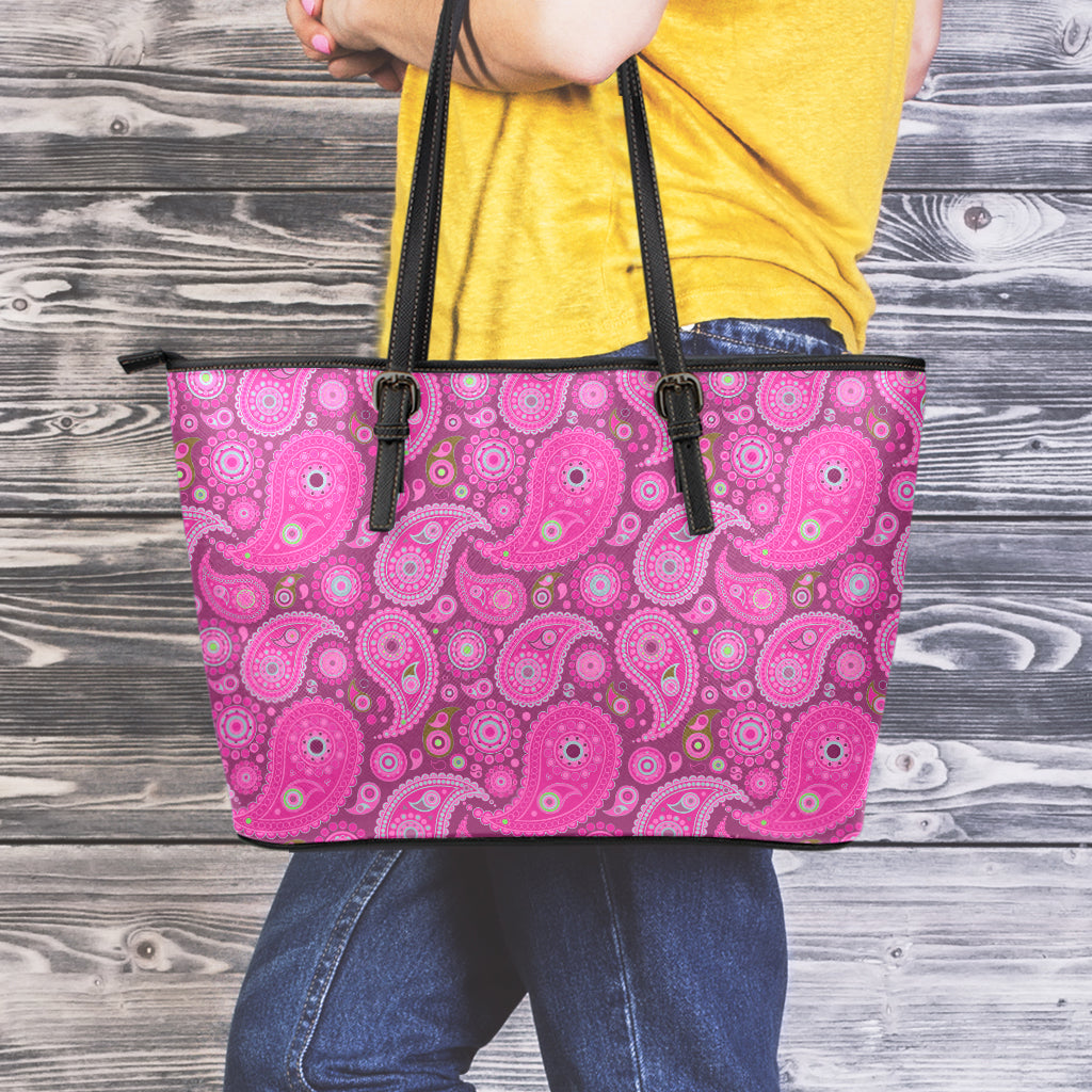 Pink Paisley Pattern Print Leather Tote Bag