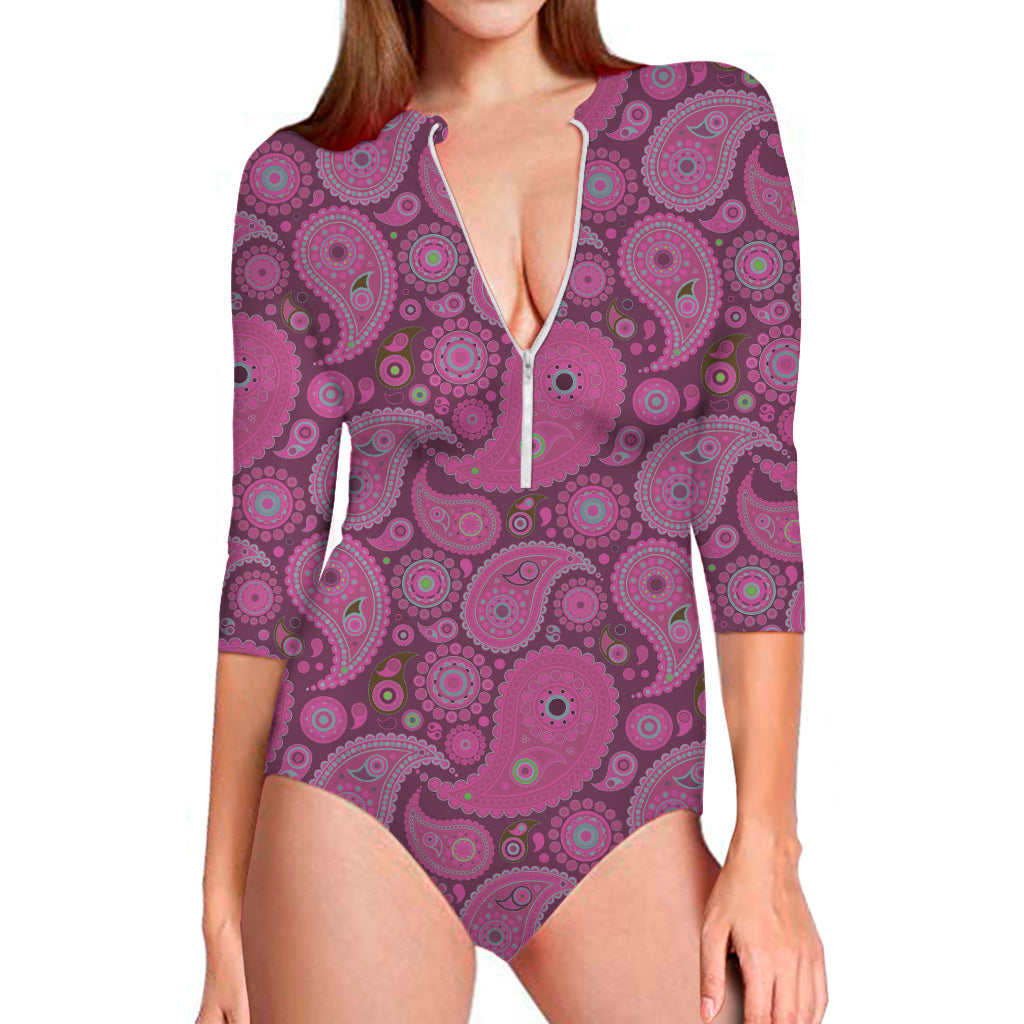 Pink Paisley Pattern Print Long Sleeve One Piece Swimsuit
