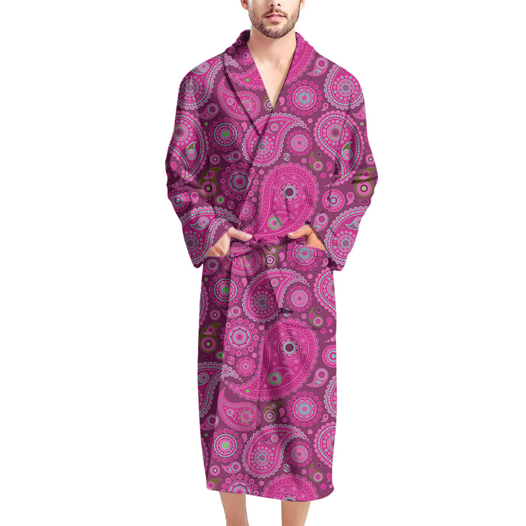 Pink Paisley Pattern Print Men's Bathrobe