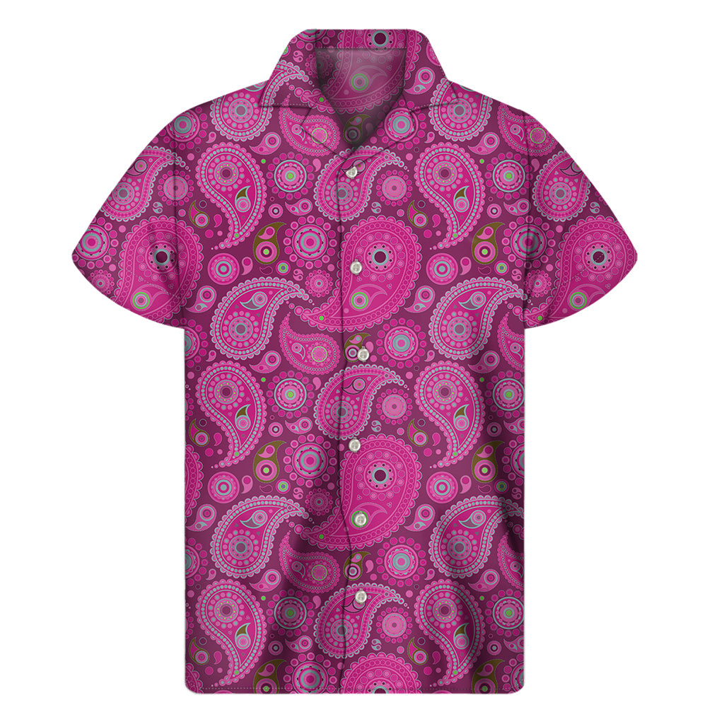Pink Paisley Pattern Print Men's Short Sleeve Shirt
