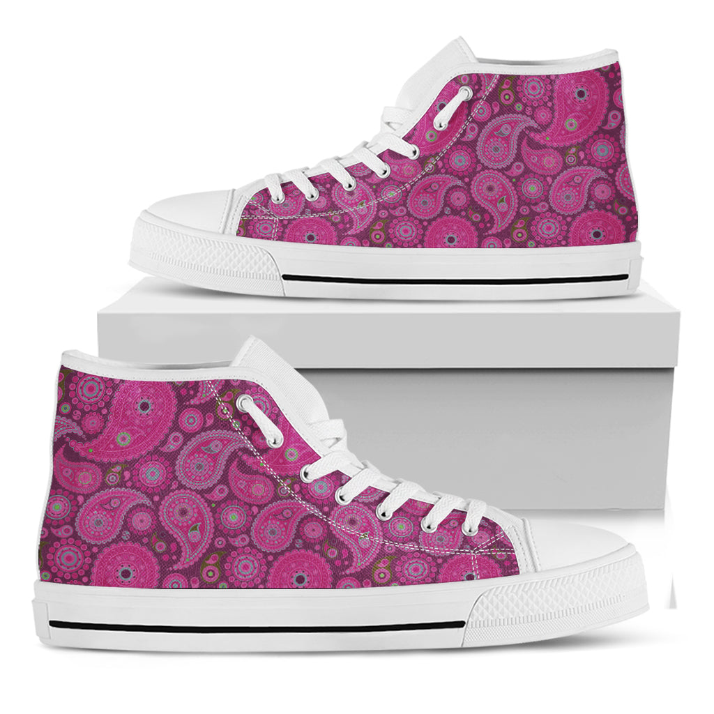 Pink Paisley Pattern Print White High Top Shoes