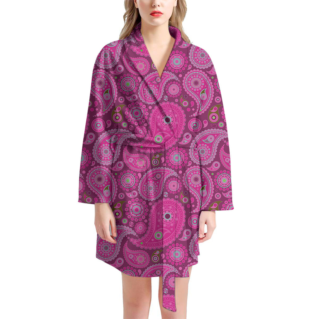 Pink Paisley Pattern Print Women's Bathrobe