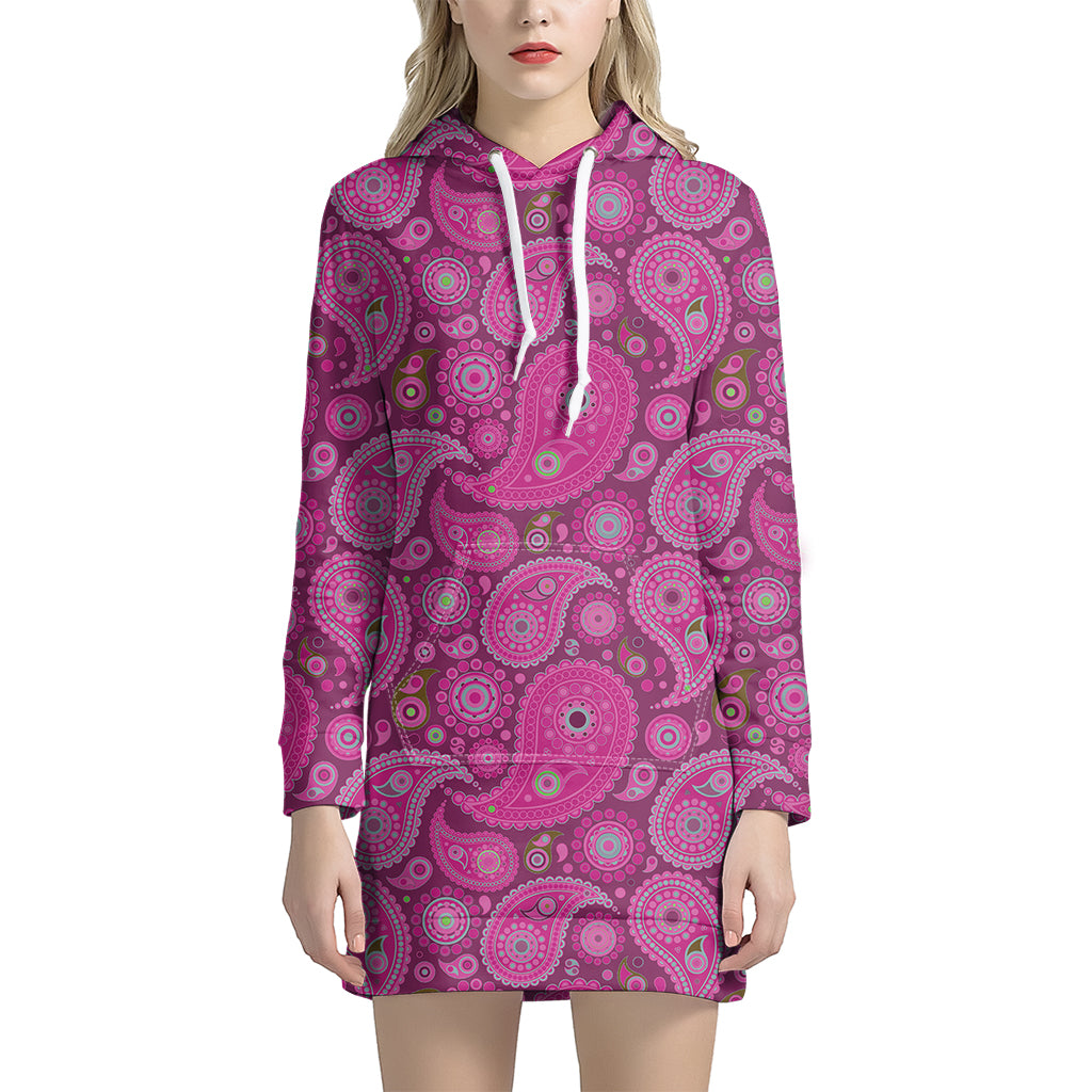 Pink Paisley Pattern Print Women's Pullover Hoodie Dress