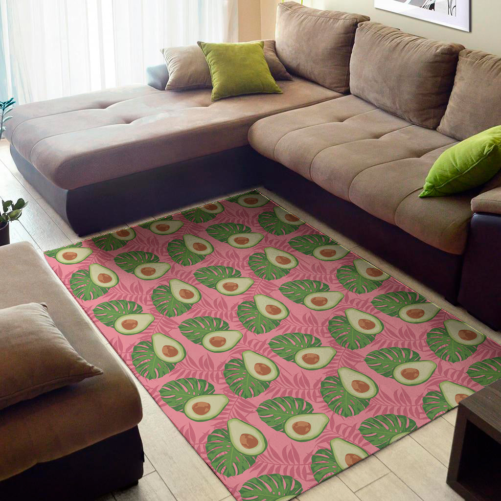 Pink Palm Leaf Avocado Print Area Rug