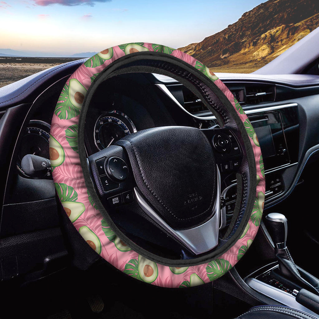 Pink Palm Leaf Avocado Print Car Steering Wheel Cover
