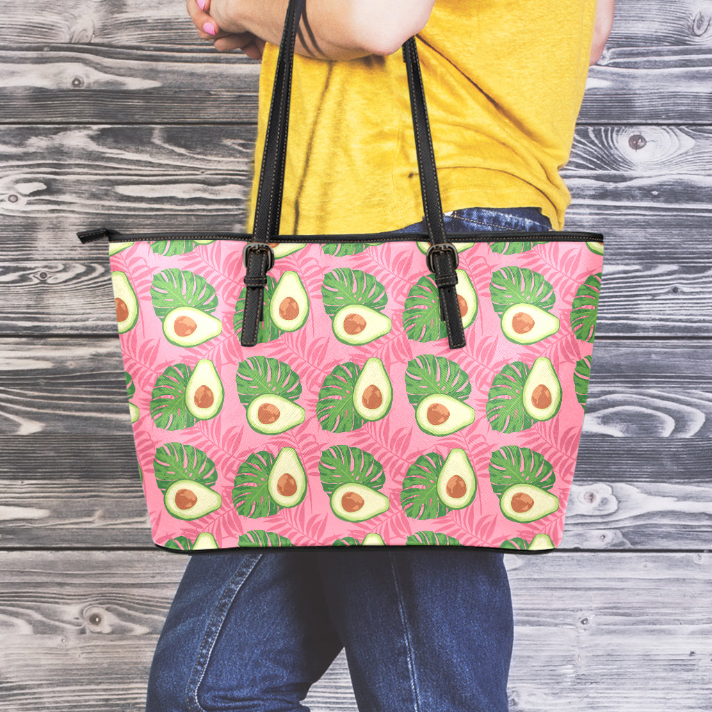 Pink Palm Leaf Avocado Print Leather Tote Bag