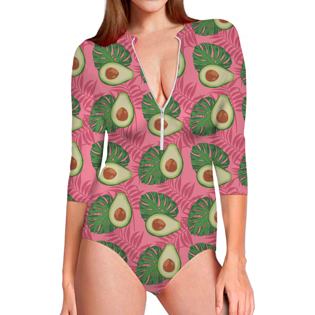 Pink Palm Leaf Avocado Print Long Sleeve One Piece Swimsuit