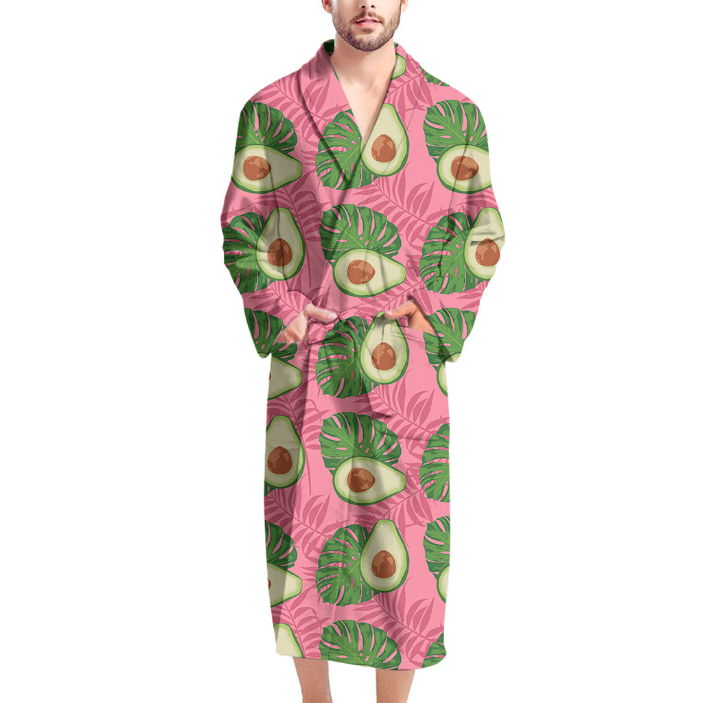 Pink Palm Leaf Avocado Print Men's Bathrobe