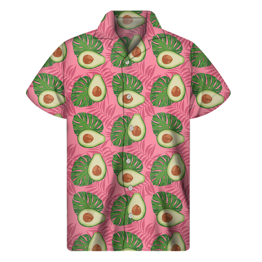 Pink Palm Leaf Avocado Print Men's Short Sleeve Shirt
