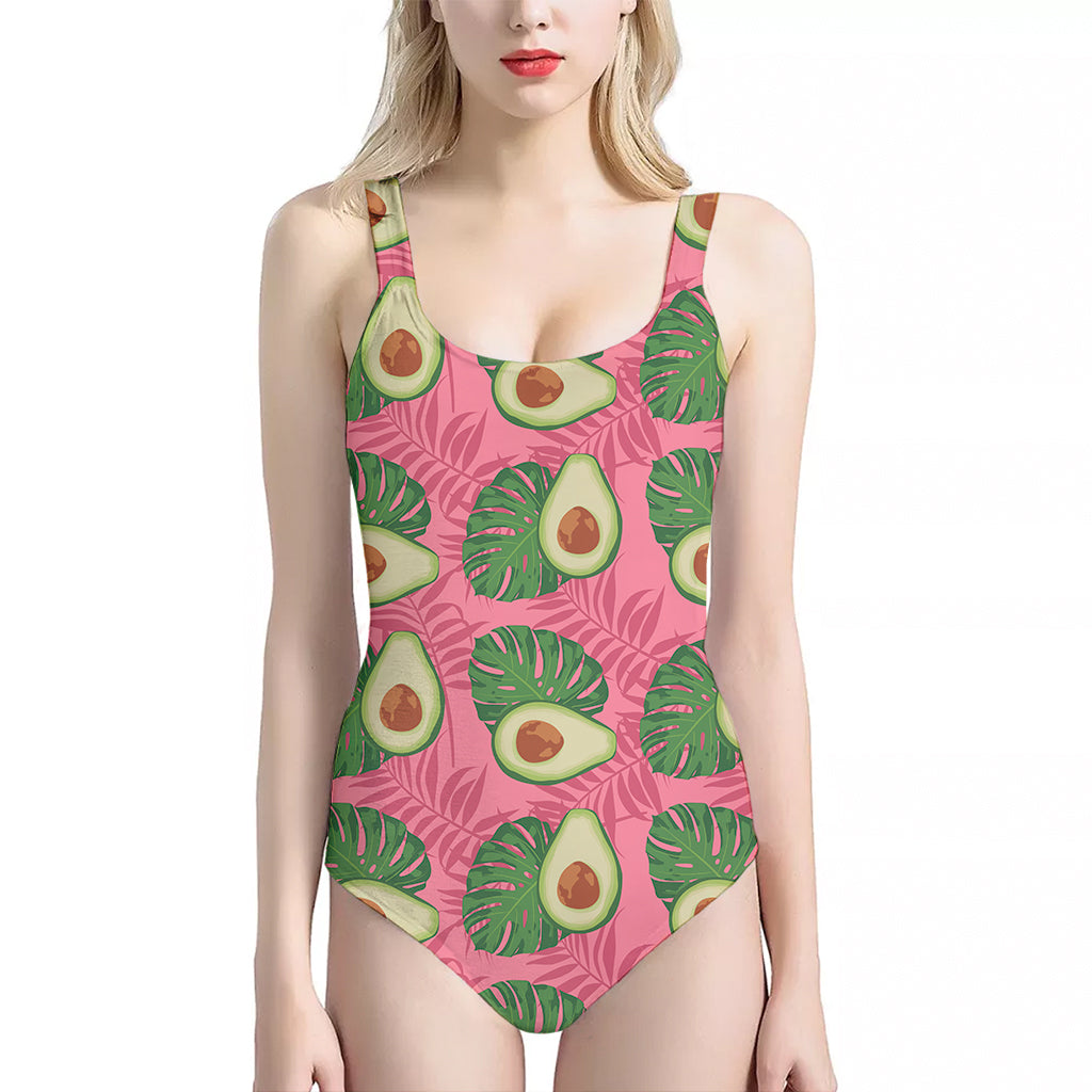 Pink Palm Leaf Avocado Print One Piece Halter Neck Swimsuit