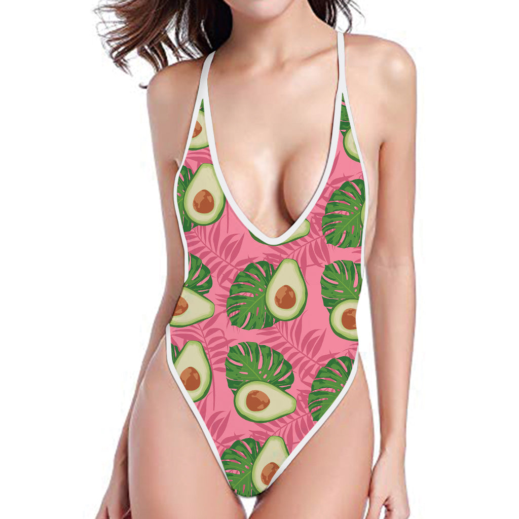 Pink Palm Leaf Avocado Print One Piece High Cut Swimsuit