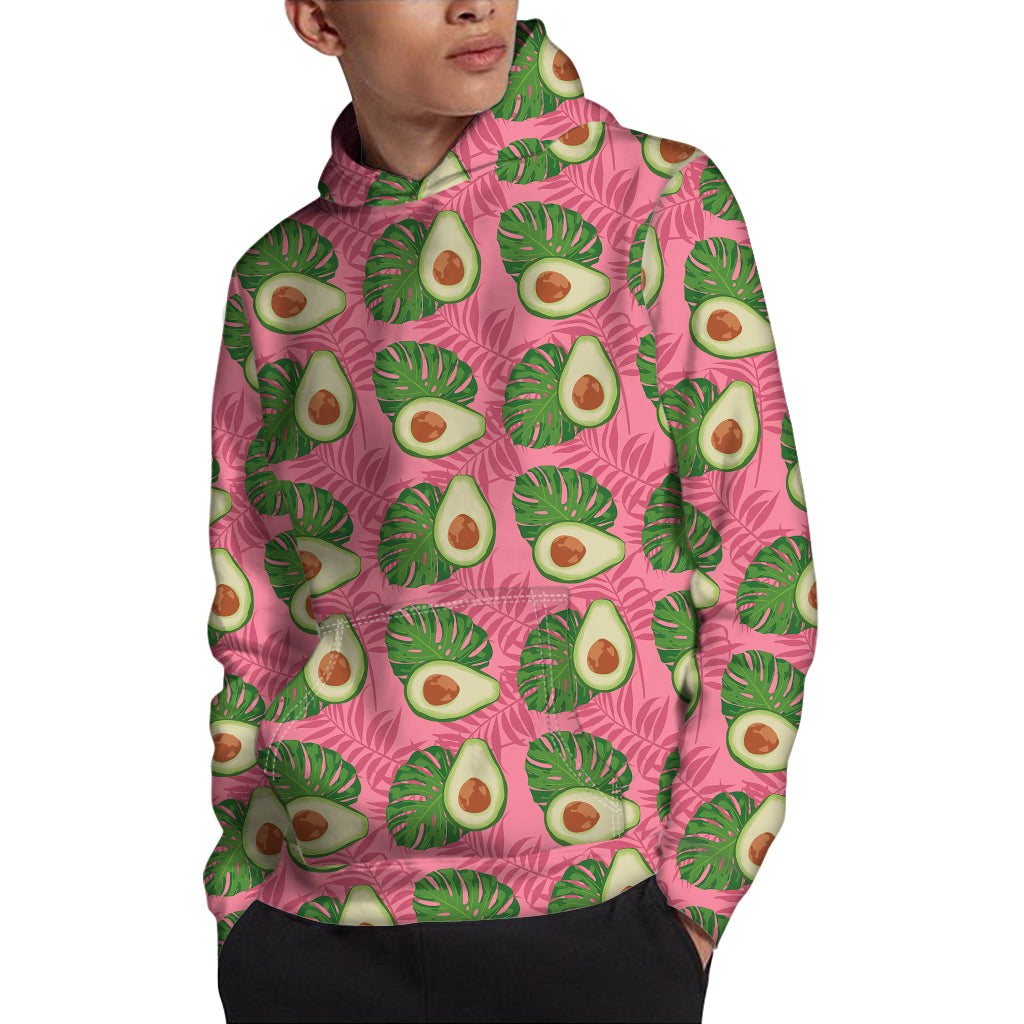 Pink Palm Leaf Avocado Print Pullover Hoodie